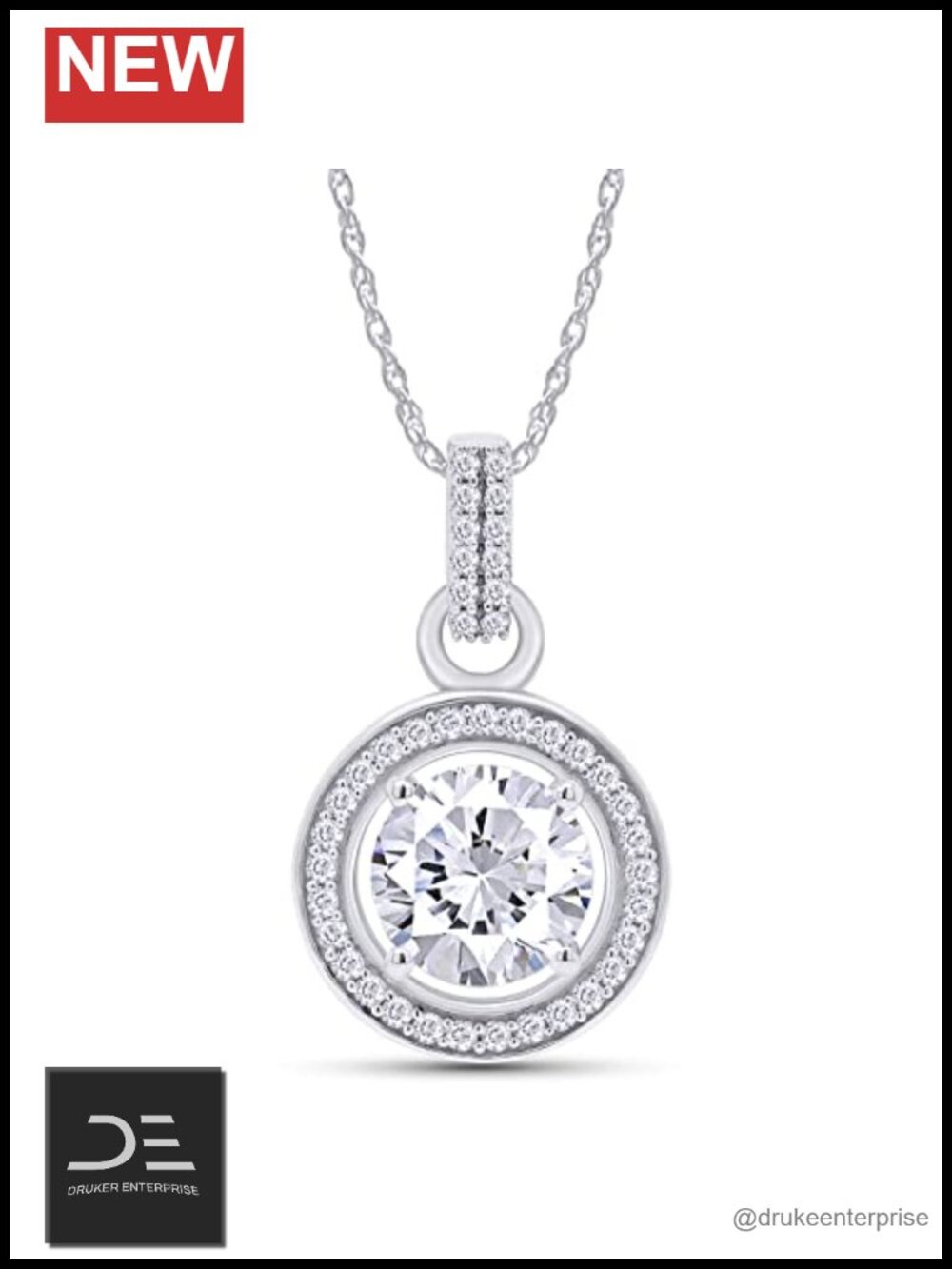 2 CT Moissanite Halo Pendant Necklace 18K White Gold Over 925 Silver
